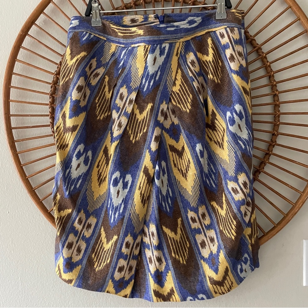 Tory Burch Womens Blue Yellow Jemima Ikat Metallic Linen Pencil Skirt Size 10